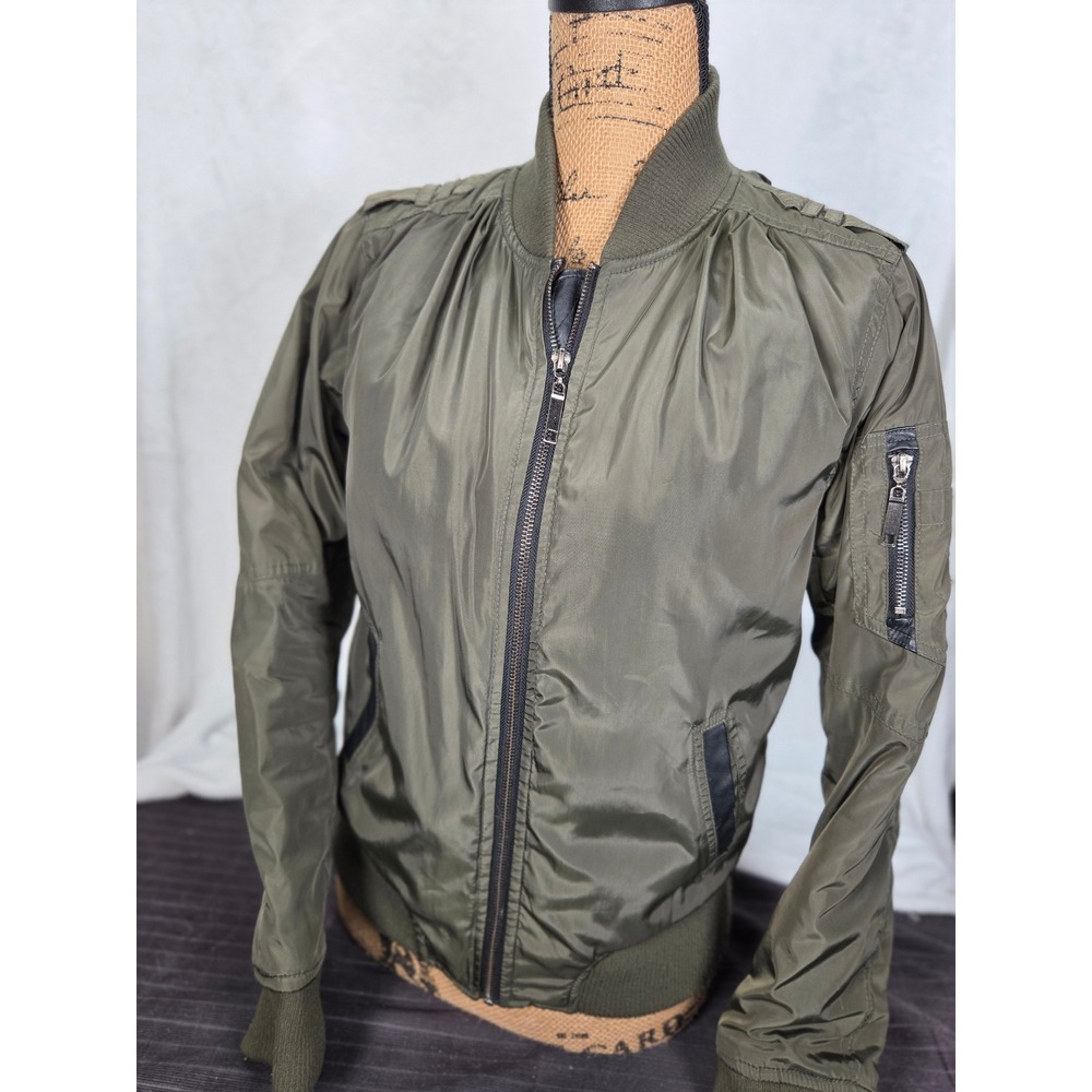 BSweet Olive Green Utility Bomber Jacket Satin Finish Flight Coat Warcore Zip Up